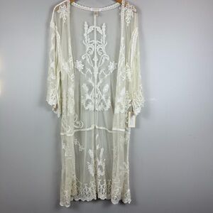 Chance Kimono Women's OS Ivory Floral Embroidery Mesh Open Cover Up Festival NWT
